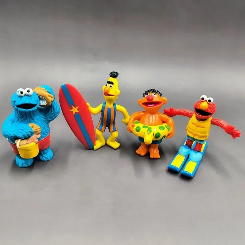 Vintage Sesame Street Beach PVC Figure Lot - Cookie Monster, Bert, Ernie, Elmo